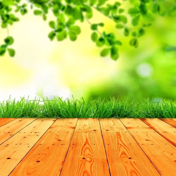 Čerstvý jarní zelené trávě zelené bokeh a slunci a dřevo — Stock fotografie
