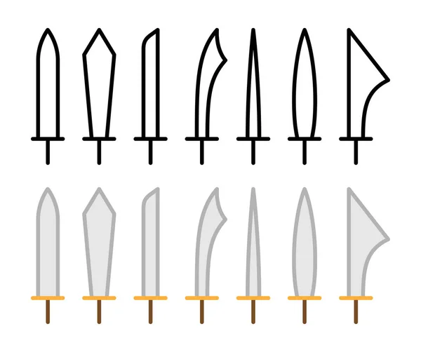 Piktogram meče nastaven. Jednoduchý obrys starobylých ikon zbraní. Vektorové symboly. — Stockový vektor