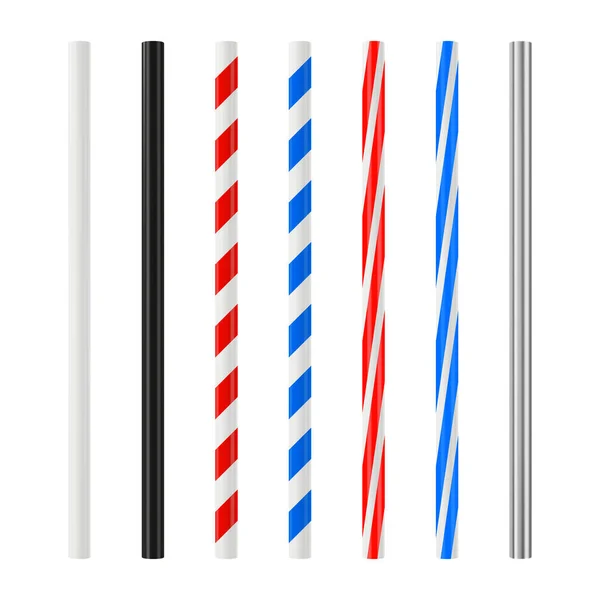 Juego realista de pajitas para beber. Tubo de cóctel de plástico con rayas de colores. Maqueta vectorial. — Vector de stock