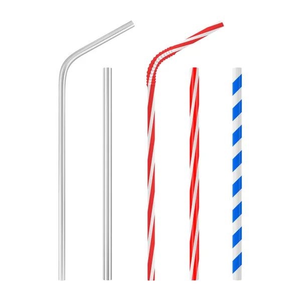 Ensemble réaliste de paille à boire en plastique et en métal. Tube à cocktail droit et courbé à rayures bleues et rouges. Modélisation vectorielle. — Image vectorielle