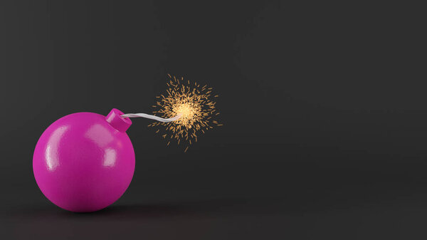 Розовая круглая бомба с блестящим фитилем на черном фоне. Творческое прошлое. 3D рендеринг изображения.