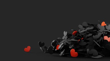 Düşen bir çok küçük siyah ve kırmızı kalpten bir yığın. Sevgililer Günü tasarım konsepti. Aşk geçmişi. 3B oluşturulmuş resim.