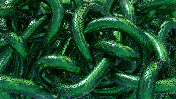 Tangled snakes with green metallic scales. Fantasy background. 3D rendered image. — Stock Photo, Image