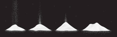 Sugar, salt or flour heap. Vector illustration set of white falling powder on black background. clipart