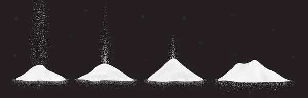 Şeker, tuz ya da un yığını. Siyah arkaplan üzerine beyaz düşen toz örnekleme seti.