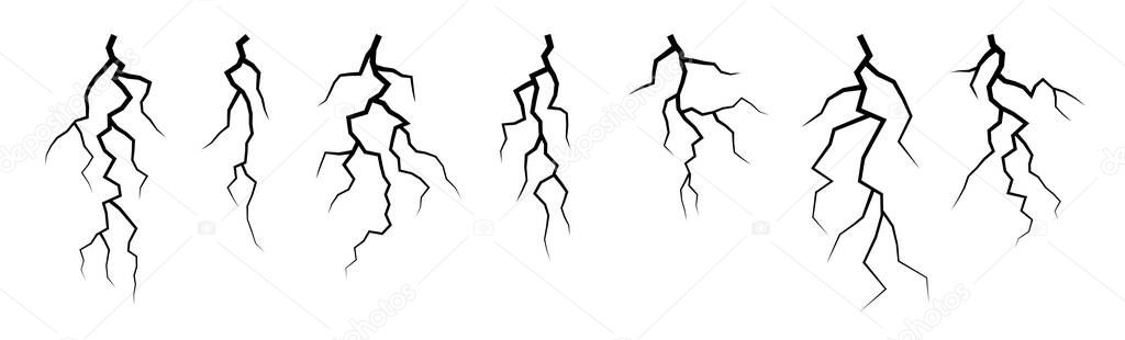 Vector lightning silhouettes set. Elements for thunderstorm design.