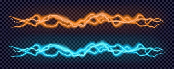 Vector glowing blue and orange lightning set. Electric energy or audio wave design elements. — Stok Vektör