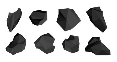 Black low poly stones set. Pieces of coal. Vector design elements. clipart