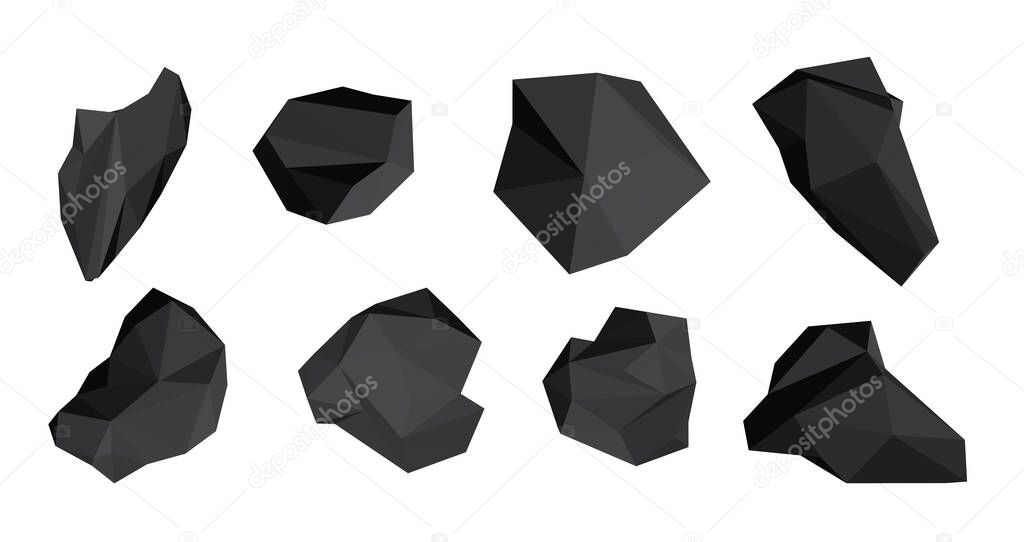 Black low poly stones set. Pieces of coal. Vector design elements.