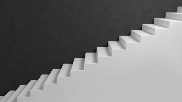 Escaleras blancas ascendentes sobre fondo negro de pared. Imagen 3D renderizada. —  Fotos de Stock