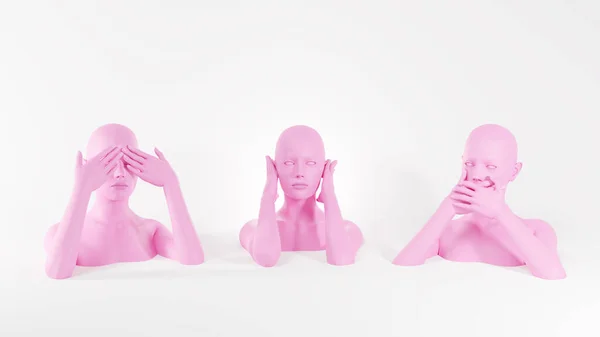 Manichini femminili rosa che chiudono bocca, occhi e orecchie con palme. Non vedere, sentire e parlare concetto. Immagine resa 3D. — Foto Stock