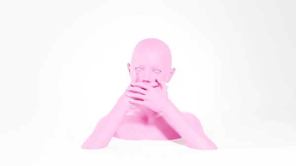 Różowy żeński manekin zakrywający usta dłońmi. Cisza czy brak słów. Obraz renderowany 3D. — Zdjęcie stockowe