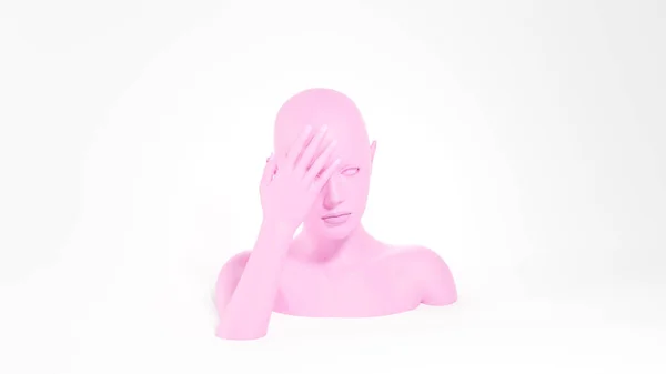 Maniquí femenino rosa cubriendo cara por palmas. Un gesto facepalm. Imagen 3D renderizada. —  Fotos de Stock