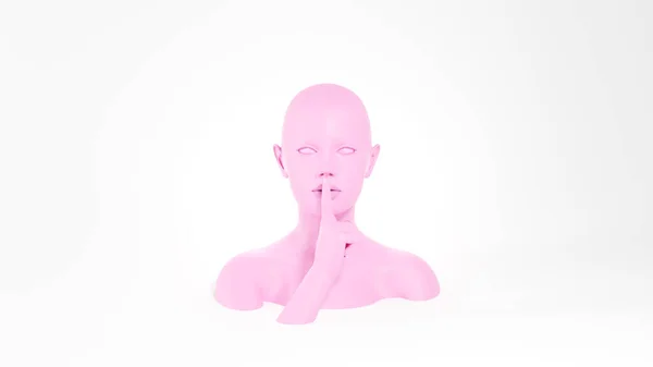 Cicho bądź. Różowy żeński manekin pokazuje znak ciszy. Tajna koncepcja. Obraz renderowany 3D. — Zdjęcie stockowe