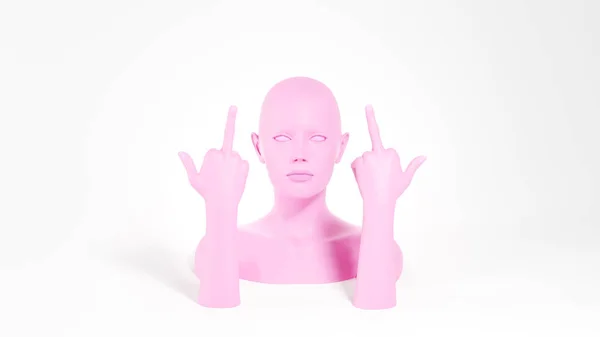 Pink female mannequin showing fuck you gesture. Aggression concept. 3D rendered image. — Zdjęcie stockowe