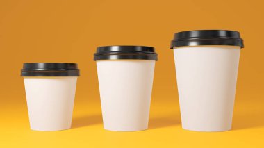 Siyah kapaklı beyaz kağıt kahve fincanları. 3 Boyutlu modelleme.