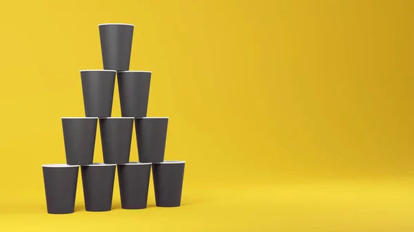 Stack of black paper coffee cups standing on each other in the shape of a pyramid. 3d rendered layout. — Zdjęcie stockowe