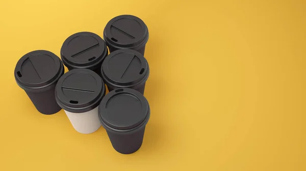 A group of black paper cups of coffee standing in the form of a triangle. 3D rendered image. —  Fotos de Stock