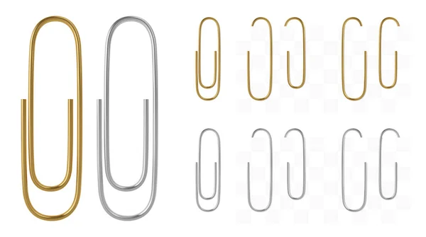 Realistic metal vector paper clips set. Golden and steel clips template. — Stock Vector