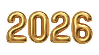 Yeni yıl 2026 metni. Gerçekçi altın 3D balon numaraları. Vektör tasarımı