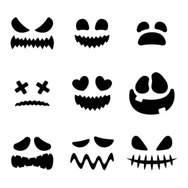 Cadılar Bayramı şablonları ya da parti dekorasyonları olarak tasarlanmış ürkütücü ve komik siyah balkabağı-fener ifadelerinin oyuncu vektör koleksiyonu.