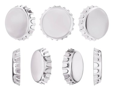 Üst ve Yan Profil Görünümlerinde Boş Gümüş Metal Şişe Kapakları Koleksiyonu. 3B Hazırlama