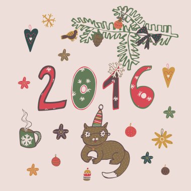 Mutlu yeni yıl çizim hayvan kartı doodle