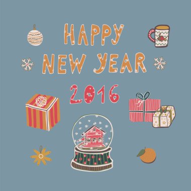 Mutlu yeni yıl çizim hayvan kartı doodle