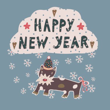 Mutlu yeni yıl çizim hayvan kartı doodle