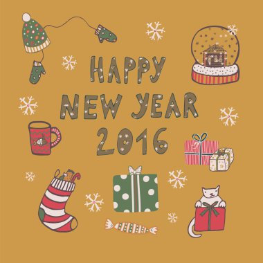 Mutlu yeni yıl çizim hayvan kartı doodle