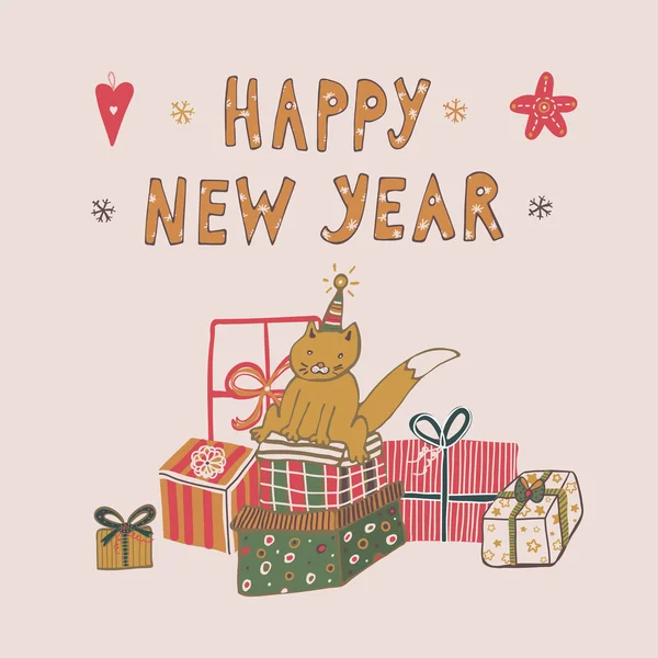 快乐的新年涂鸦绘图动物卡 — 图库矢量图片