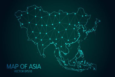 Asya Haritası - Koyu gradyan arkaplanda parlayan nokta ve çizgiler ile, 3D çokgen ağ bağlantıları. Vektör illüstrasyon eps10.