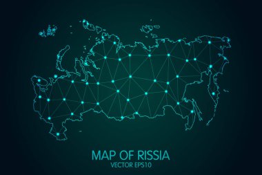 Rusya Haritası - Karanlık gradyan arkaplanda parlayan nokta ve çizgiler ile, 3D çokgen ağ bağlantıları. Vektör illüstrasyonuComment.