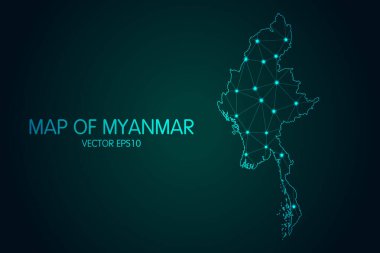 Myanmar Haritası - Karanlık gradyan arkaplanda parlayan nokta ve çizgiler ile, 3D çokgen ağ bağlantıları. Vektör illüstrasyonuName.