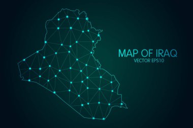 Irak Haritası - Karanlık gradyan arkaplanda parlayan nokta ve çizgiler ile, 3D çokgen ağ bağlantıları. Vektör illüstrasyonu 10 puan..