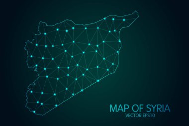 Suriye Haritası - Karanlık gradyan arkaplanda parlayan nokta ve çizgiler ile, 3D çokgen ağ bağlantıları. Vektör illüstrasyonuComment.