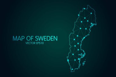 İsveç Haritası - Koyu gradyan arkaplanda parlayan nokta ve çizgiler ile, 3D çokgen ağ bağlantıları. Vektör illüstrasyonuComment.