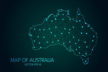 Avustralya Haritası - Koyu gradyan arkaplanda parlayan nokta ve çizgiler ile, 3D ağ çokgen bağlantıları. Vektör illüstrasyonuName.