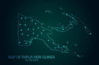 Papua Yeni Gine Haritası - Karanlık gradyan arkaplanda parlayan nokta ve çizgilerle, 3D çokgen ağ bağlantıları. Vektör illüstrasyonuName.