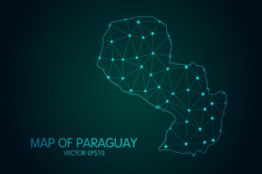 Paraguay Haritası- Karanlık Gradyan Arkaplanı 'ndaki parlayan nokta ve çizgilerle, 3D çokgen ağ bağlantıları. Vektör illüstrasyonu 10.