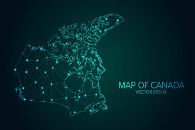 Kanada Haritası - Koyu gradyan arkaplanda parlayan nokta ve çizgiler ile, 3D çokgen ağ bağlantıları. Vektör illüstrasyonuComment.