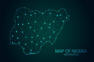 Nijerya Haritası - Karanlık gradyan arkaplanda parlayan nokta ve çizgiler ile, 3D çokgen ağ bağlantıları. Vektör illüstrasyonuName.