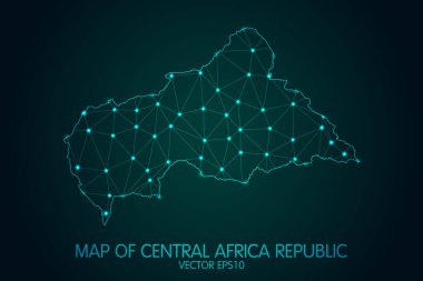 Orta Afrika Cumhuriyeti Haritası - Karanlık gradyan arkaplanda parlayan nokta ve çizgilerle, 3D çokgen ağ bağlantıları. Vektör illüstrasyonuName.