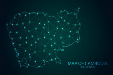 Kamboçya Haritası - Karanlık gradyan arkaplanda parlayan nokta ve çizgiler ile, 3D çokgen ağ bağlantıları. Vektör illüstrasyonu 10.