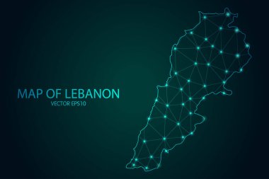 Lübnan Haritası - Karanlık gradyan arkaplan üzerinde parlayan nokta ve çizgiler ile, 3D çokgen ağ bağlantıları. Vektör illüstrasyonu E10.