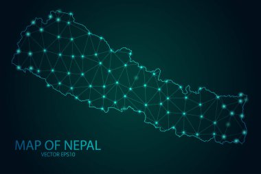 Nepal Haritası- Karanlık gradyan arkaplanda parlayan nokta ve çizgiler ile, 3D çokgen ağ bağlantıları. Vektör illüstrasyonu E10.