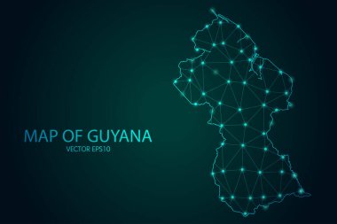 Guyana Haritası - Karanlık gradyan arkaplan üzerinde parlayan nokta ve çizgiler ile, 3D çokgen ağ bağlantıları. Vektör illüstrasyonu E10.