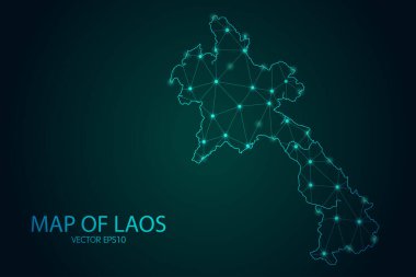 Laos Haritası - Karanlık Gradyan Arkaplanı 'ndaki parlak nokta ve çizgilerle, 3D çokgen ağ bağlantıları. Vektör illüstrasyonu E10.