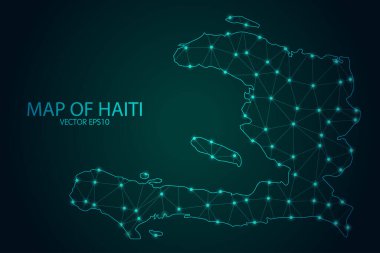 Haiti Haritası - Karanlık Gradyan Arkaplanı 'ndaki parlak nokta ve çizgilerle, 3D çokgen ağ bağlantıları. Vektör illüstrasyonu E10.