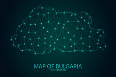 Bulgaristan Haritası - Karanlık Gradyan Arkaplan 'da parlayan nokta ve çizgiler ile, 3D çokgen ağ bağlantıları. Vektör illüstrasyonu E10.